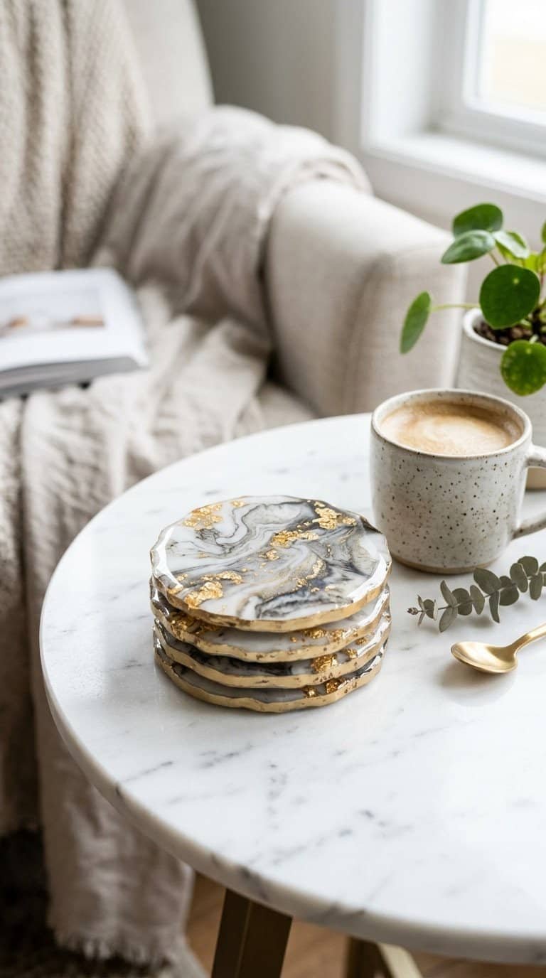 set of four DIY epoxy resin coasters in marble and gold tones stacked on a white marble side table