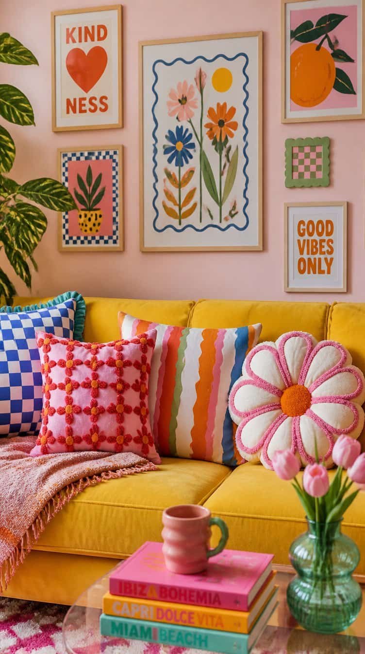 Playful colorful throw pillows styled on a bright sofa