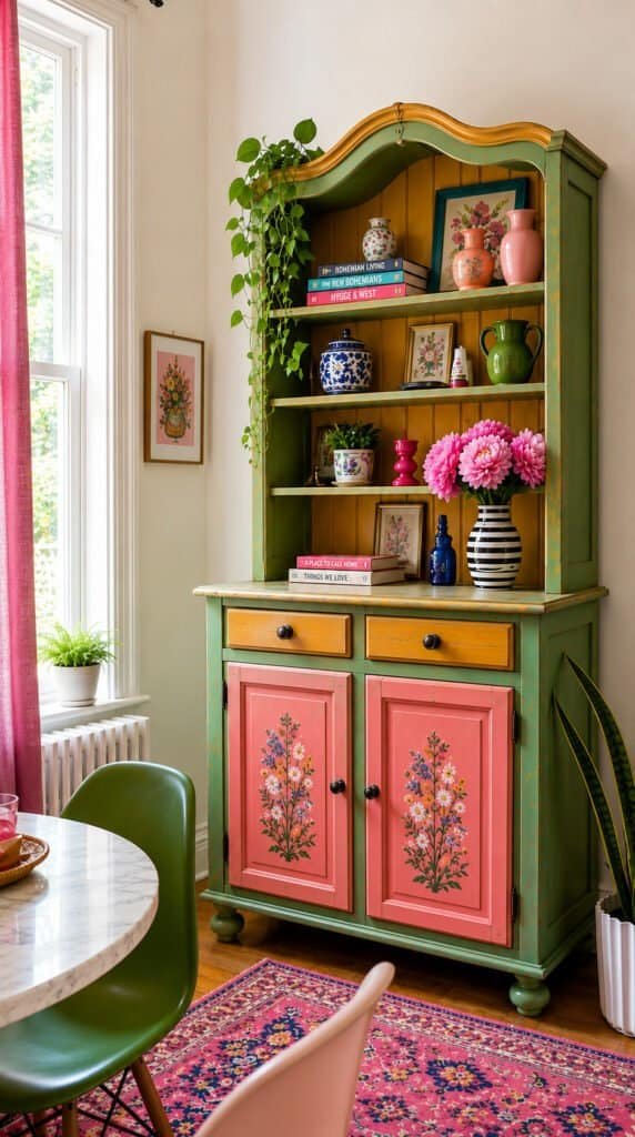 Vintage colorful painted furniture piece in a bright apartment room