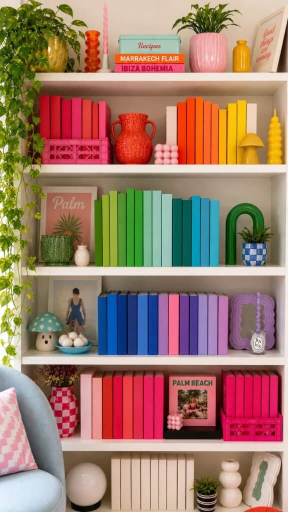 Bright colorful bookshelf styled with rainbow organized books