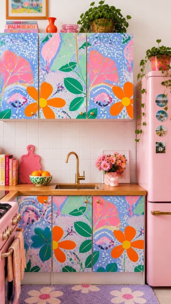 Colorful contact paper covered kitchen cabinets
