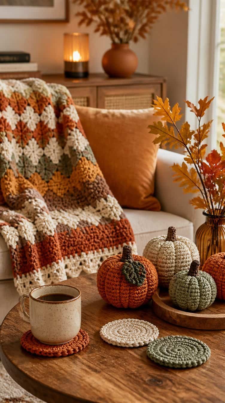 Finished fall crochet projects styled together