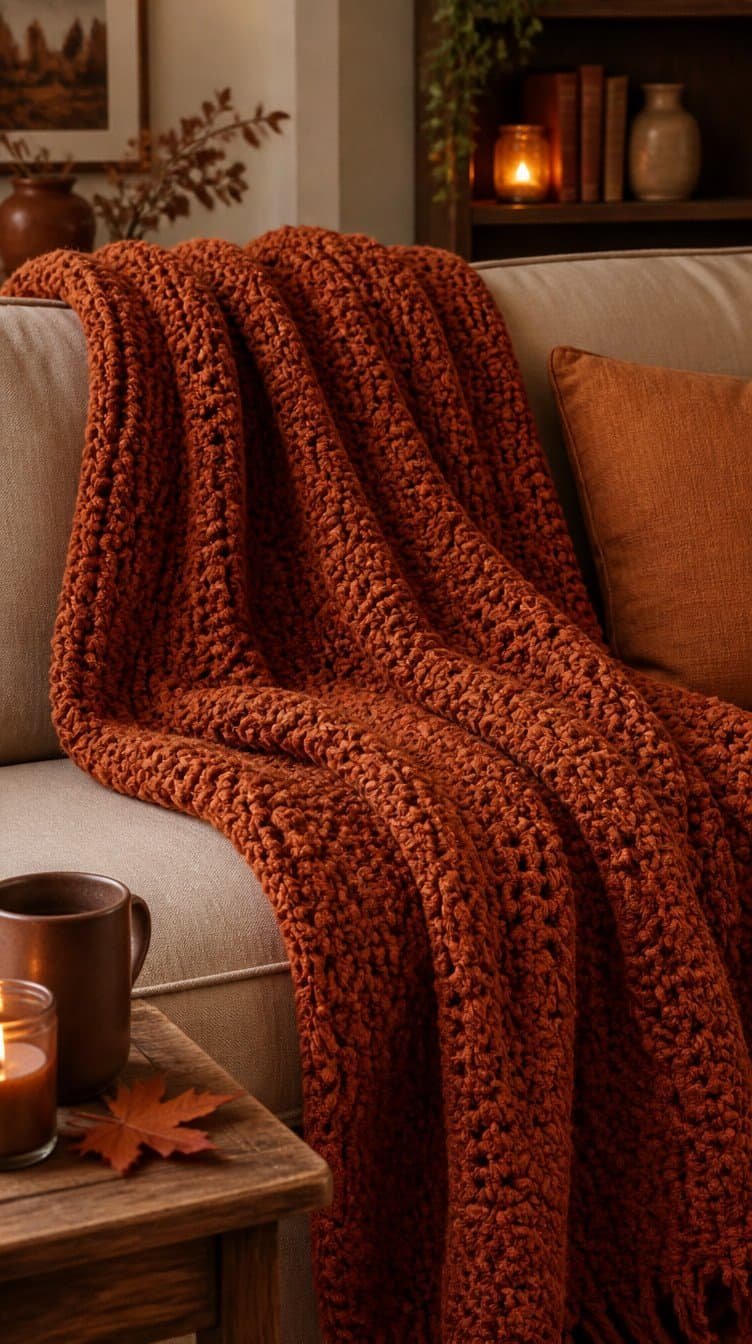 Chunky crochet throw blanket in fall colors. fall crochet projects