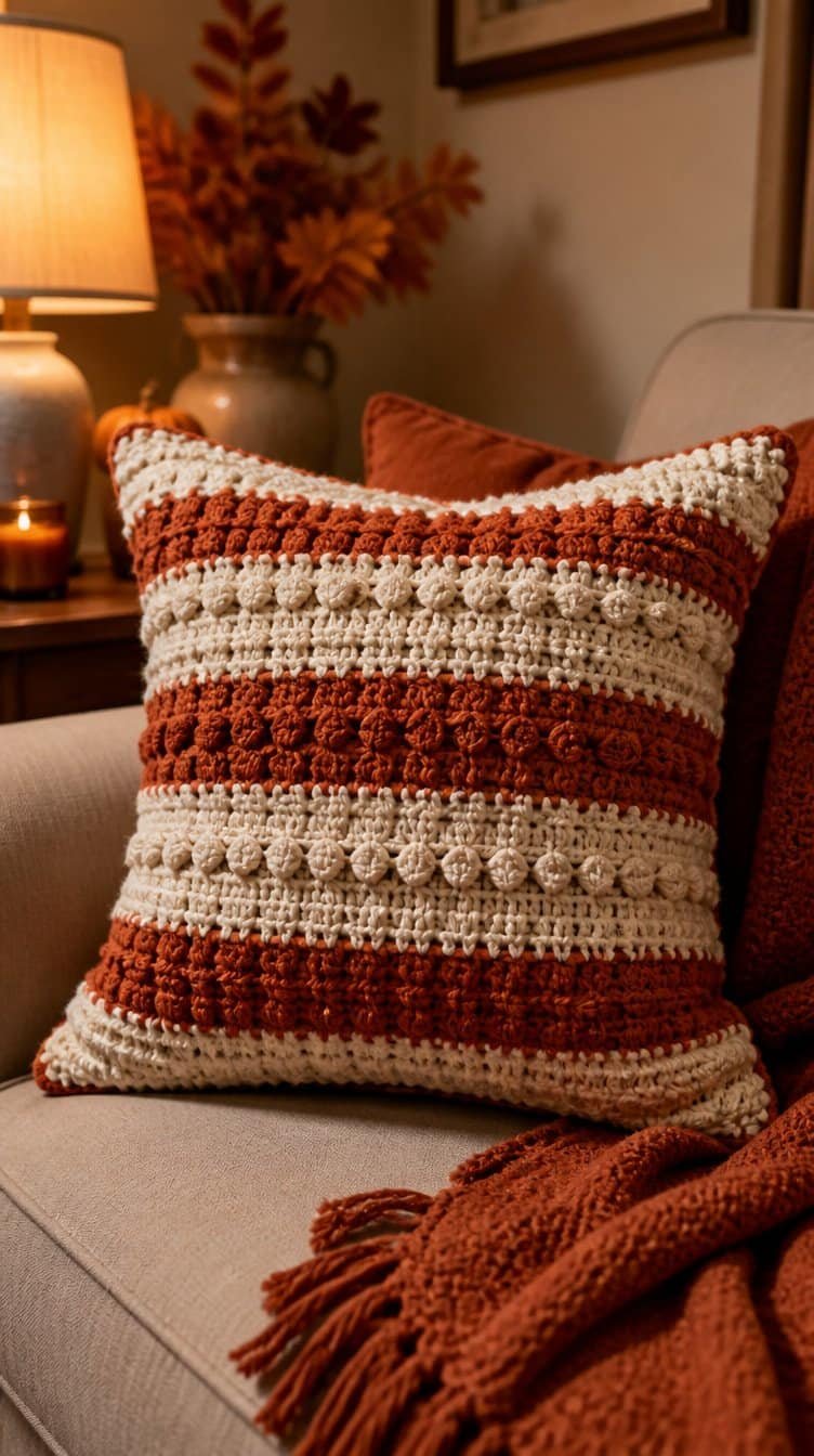 Crochet pillow cover in fall tones