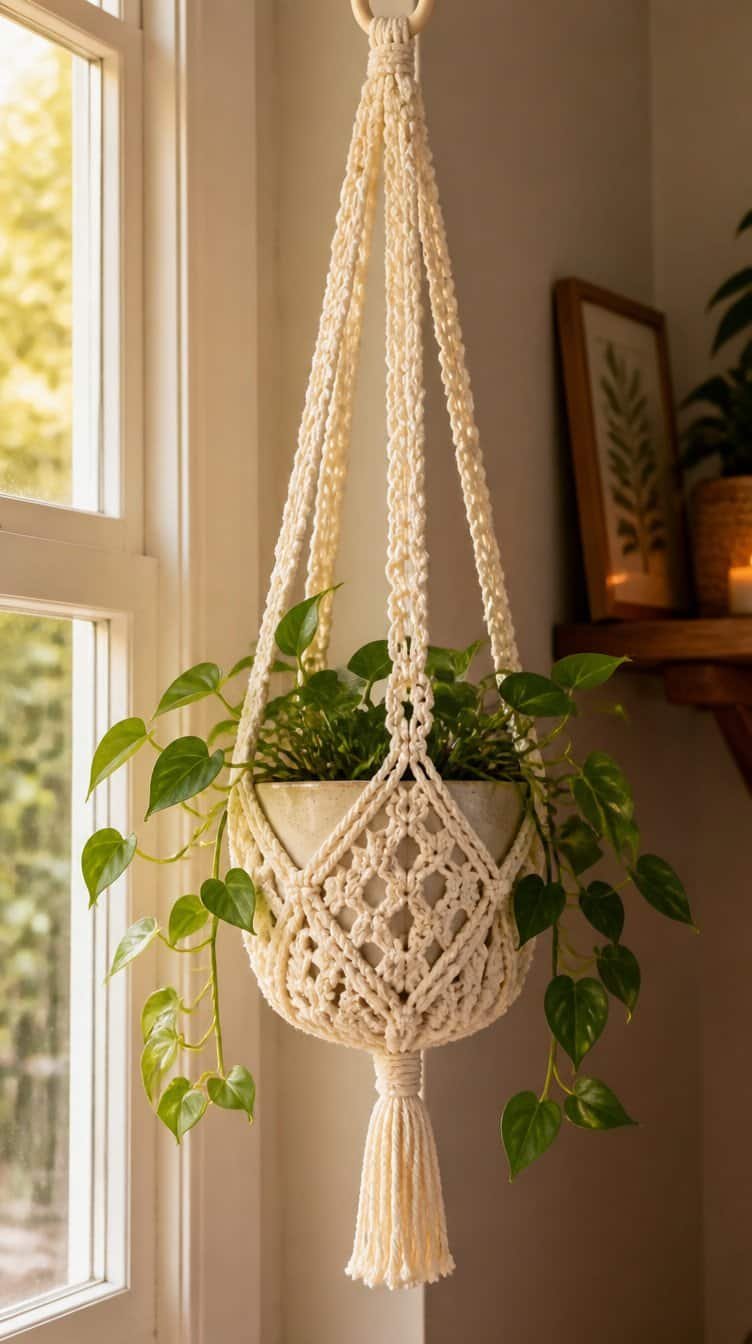 Crochet plant hanger with houseplant