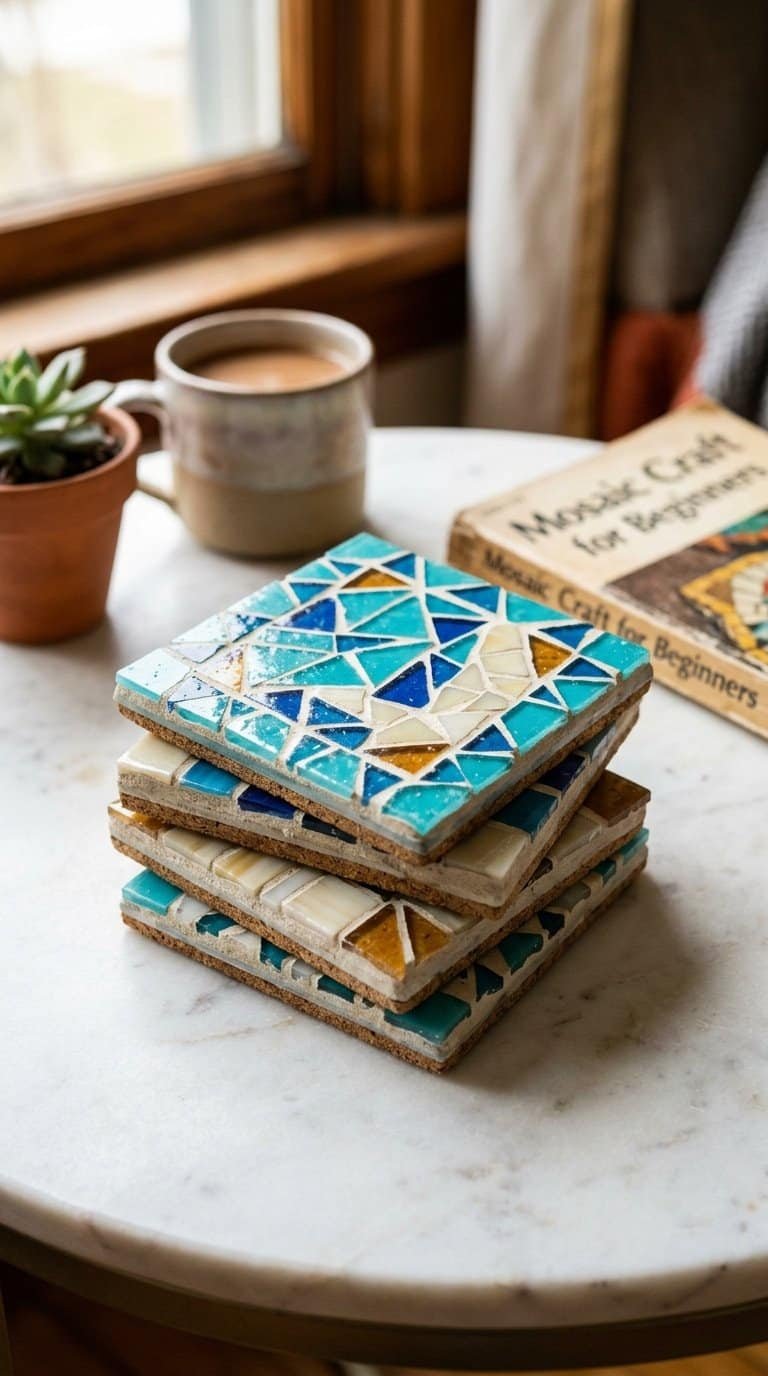 set of four handmade glass mosaic coasters in turquoise and cream tones stacked on a marble side table