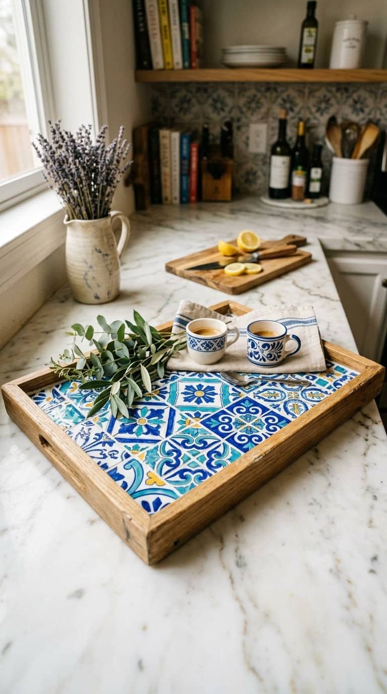 glass mosaic tile serving tray in blue and white mediterranean pattern on a white marble kitchen counter