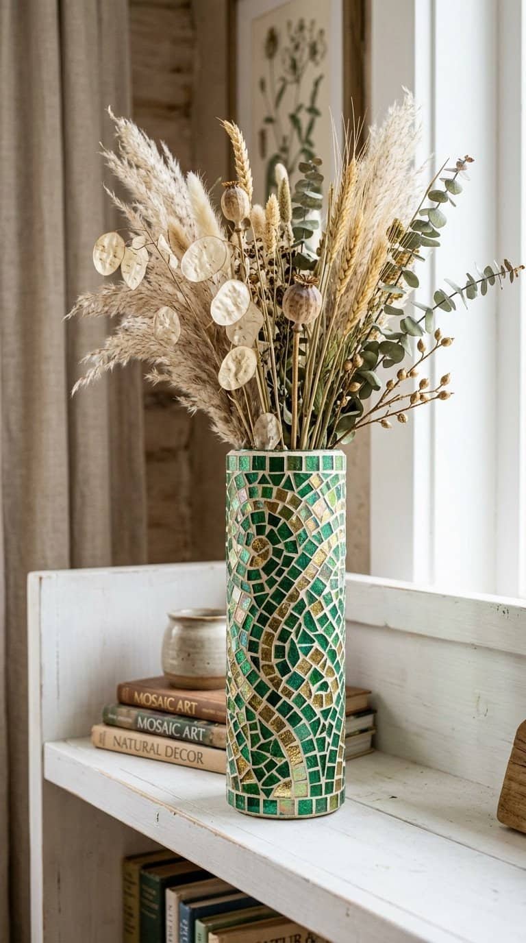 tall glass mosaic tile vase in emerald green and gold on a white shelf with dried botanicals inside