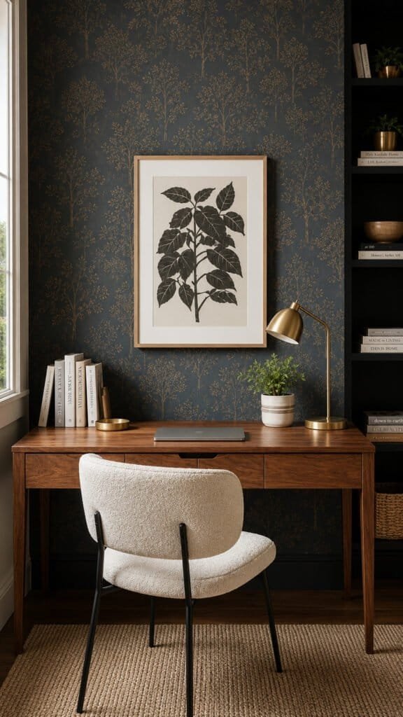 Home office desk with an accent wallpapered wall behind it