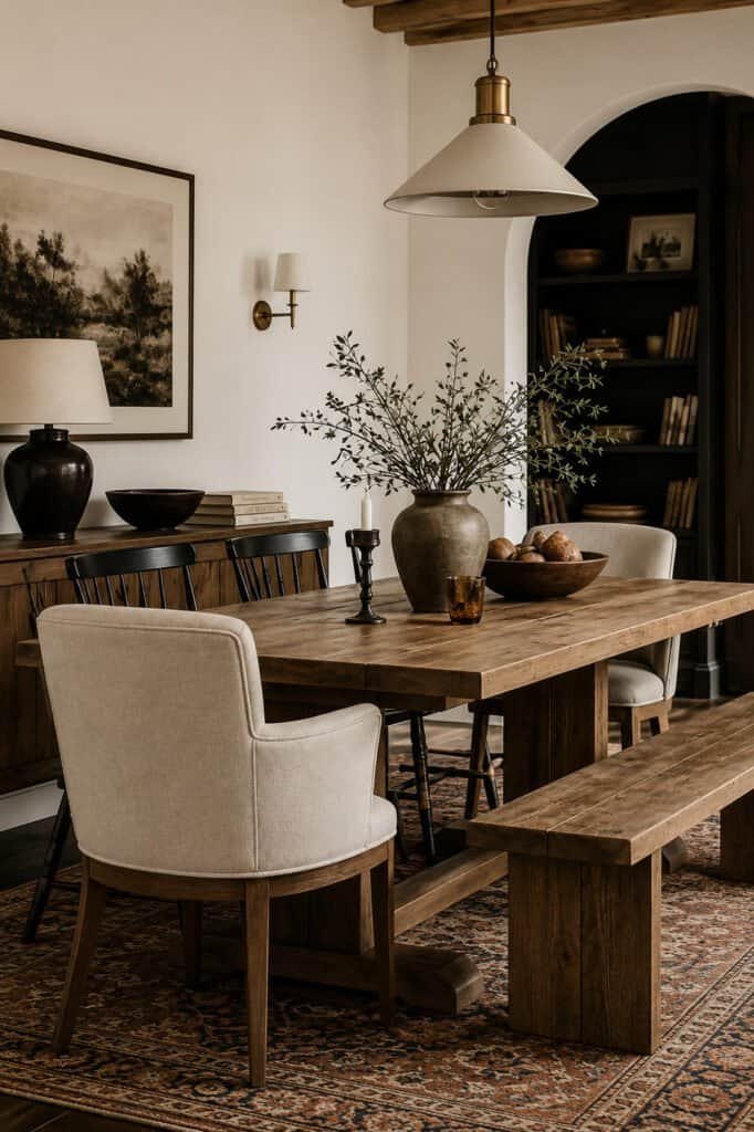 Mismatched dining chairs paired with a wood bench at a dining table