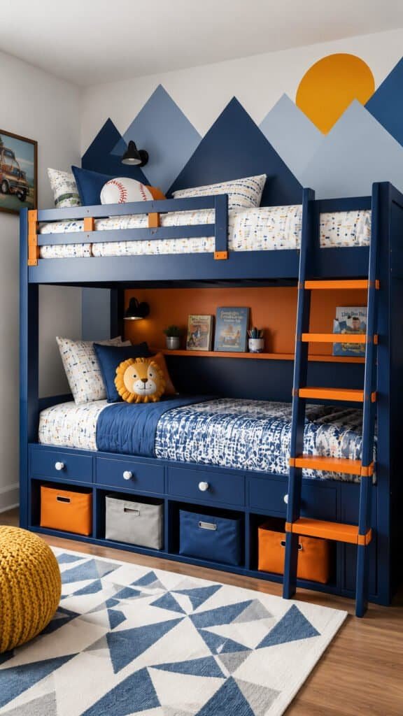 Kids bunk bed with built-in drawers and storage bins