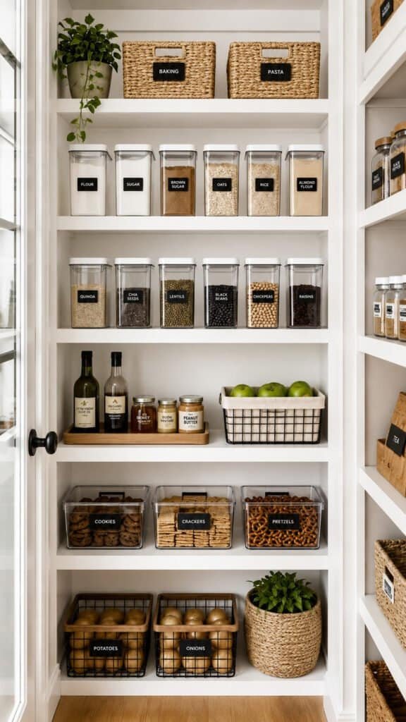 Open pantry shelving with clear labeled canisters and bins