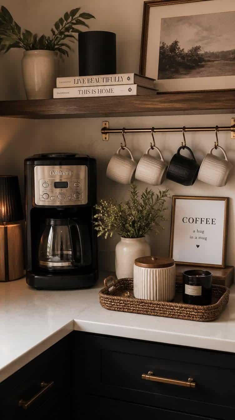 Kitchen counter coffee station with a mug rack and tray