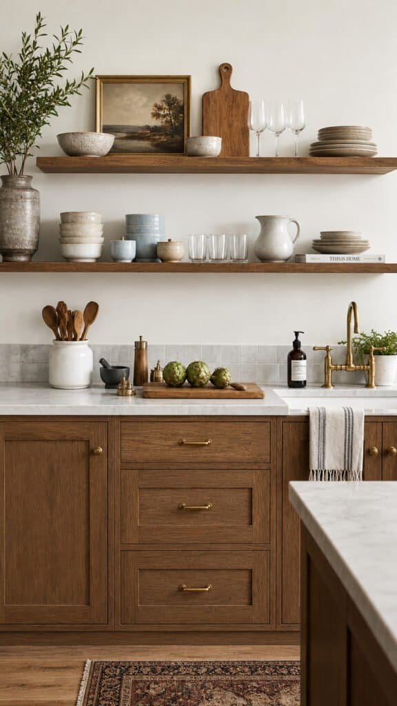 Open kitchen shelving displaying stoneware dishes and glassware