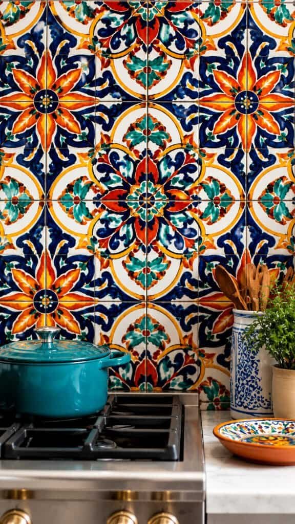 Bold patterned kitchen backsplash tile behind a stove