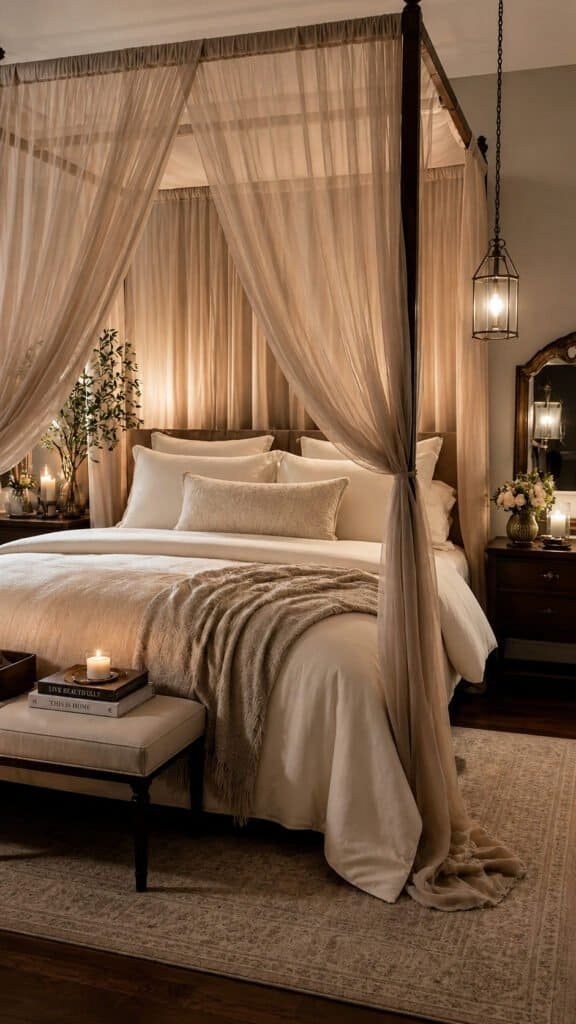 Sheer draped canopy over a bedroom bed frame