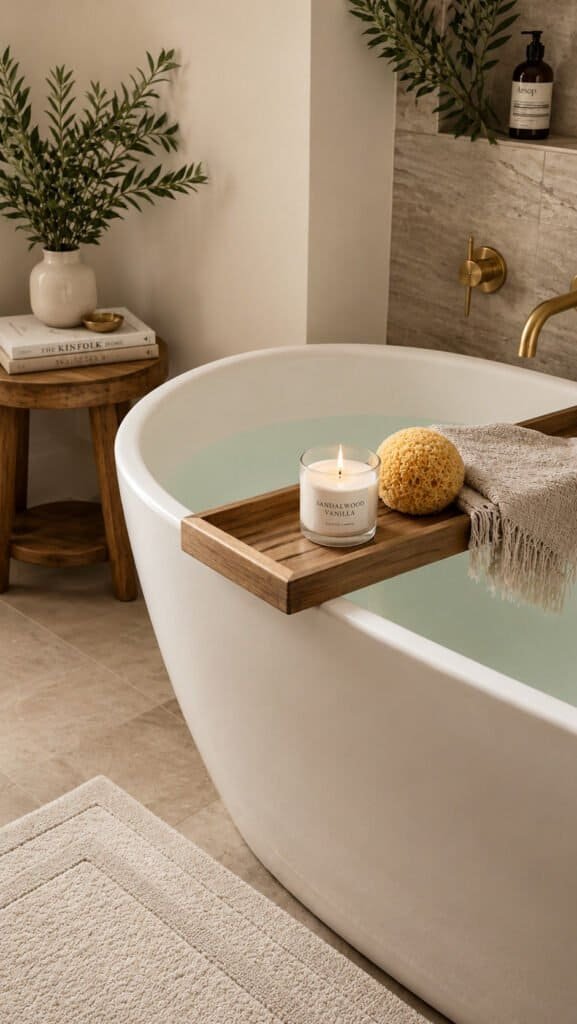 Styled bathtub with a caddy tray, candle, and bathmat