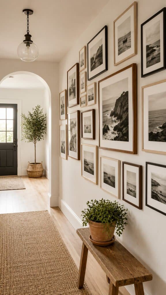 Curated gallery wall of framed photos and art in a hallway
