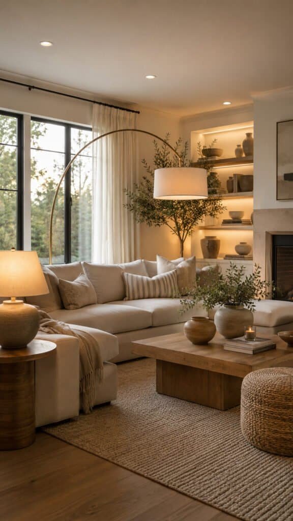 Living room corner with layered floor lamp and table lamp lighting
