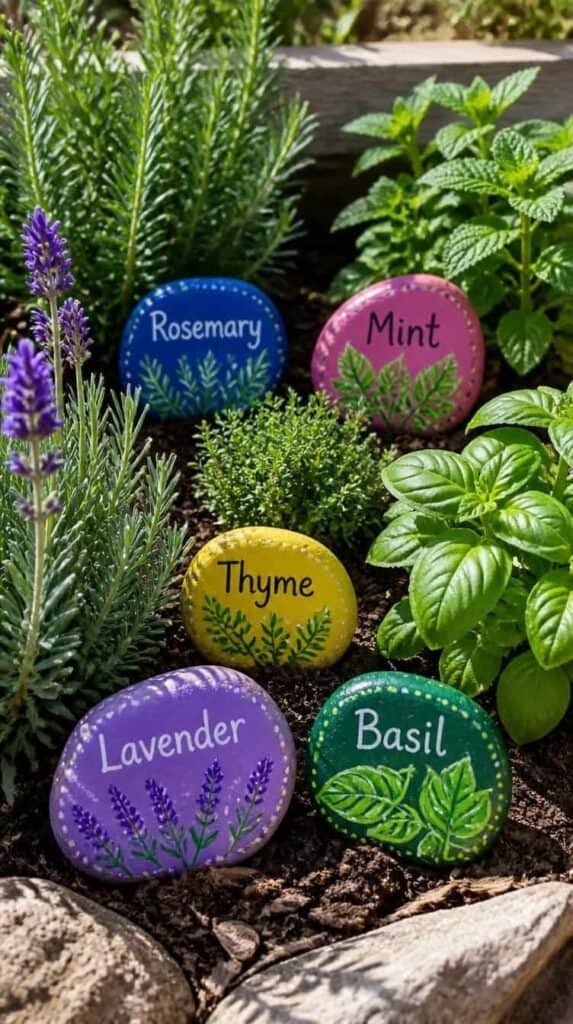 Hand-painted rocks as colorful garden plant markers.