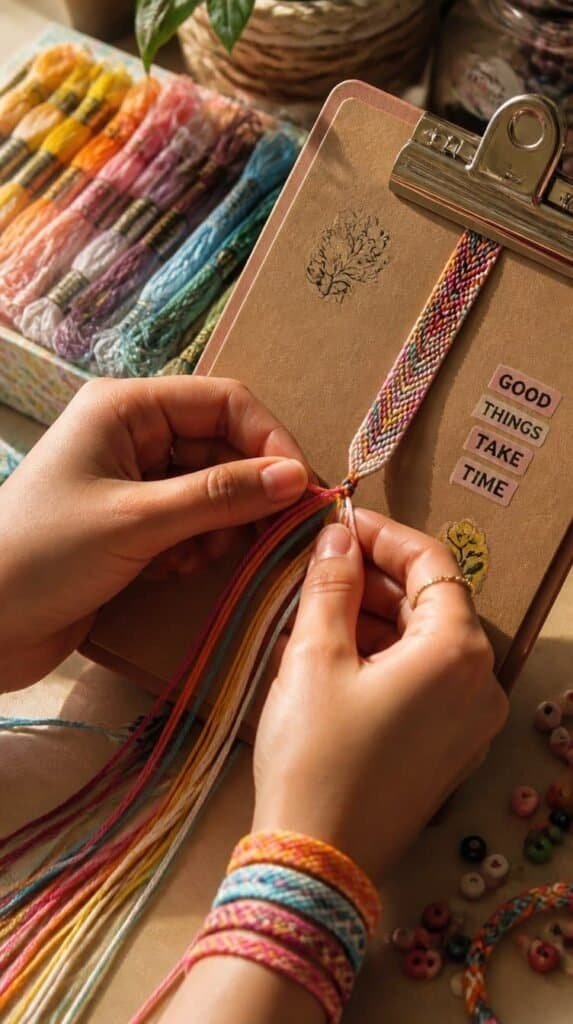 Hands knotting colorful friendship bracelets on a clipboard