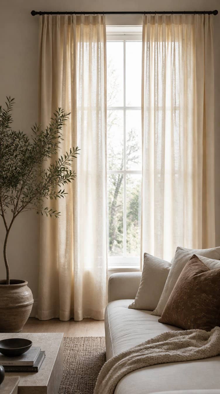 Living room window with floor length linen curtain panels