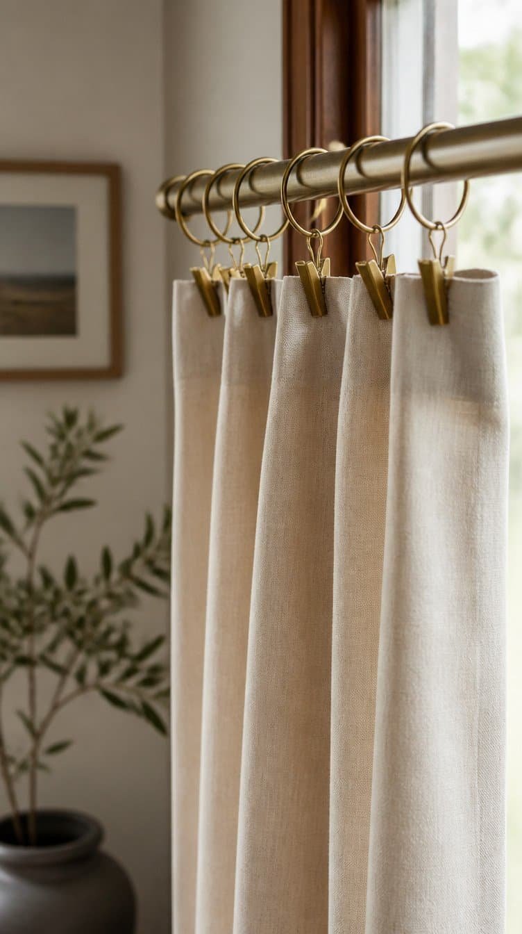 Close up of curtain rings with clips on a curtain rod