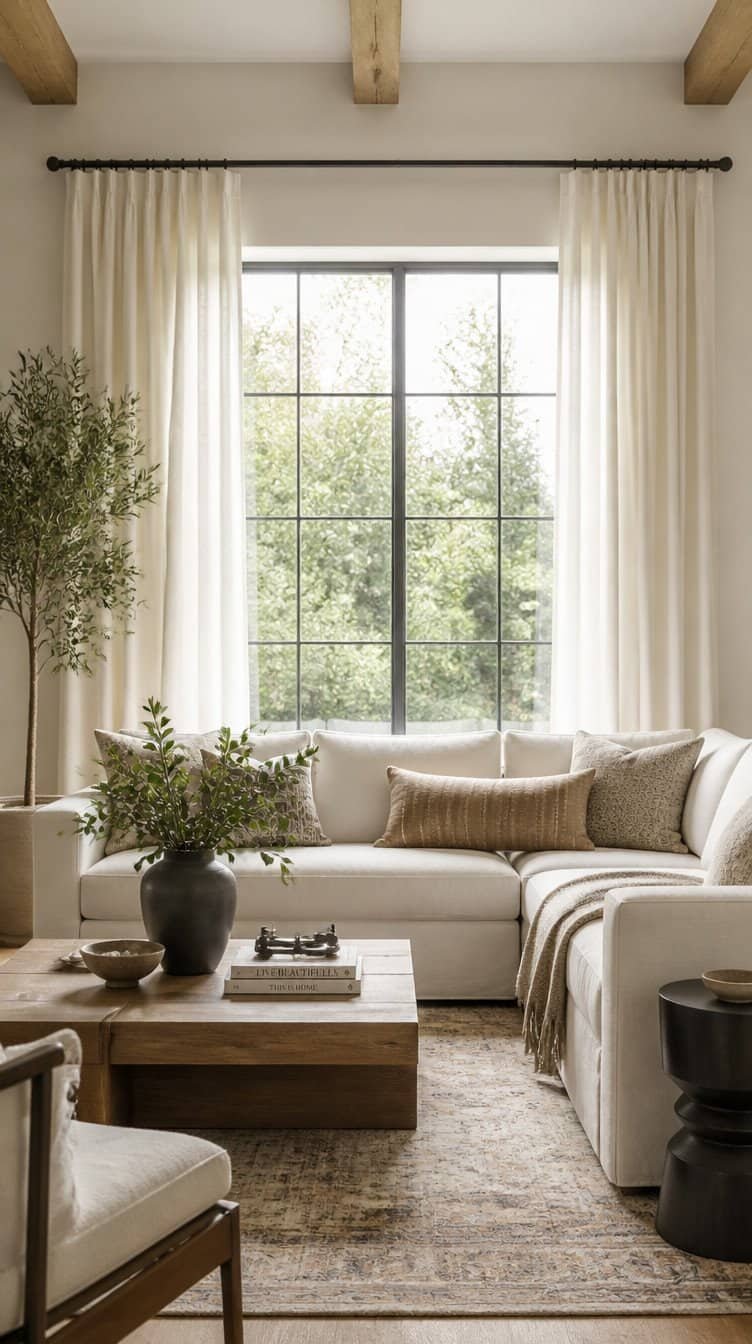 Living room window with curtains hung on an extra wide rod