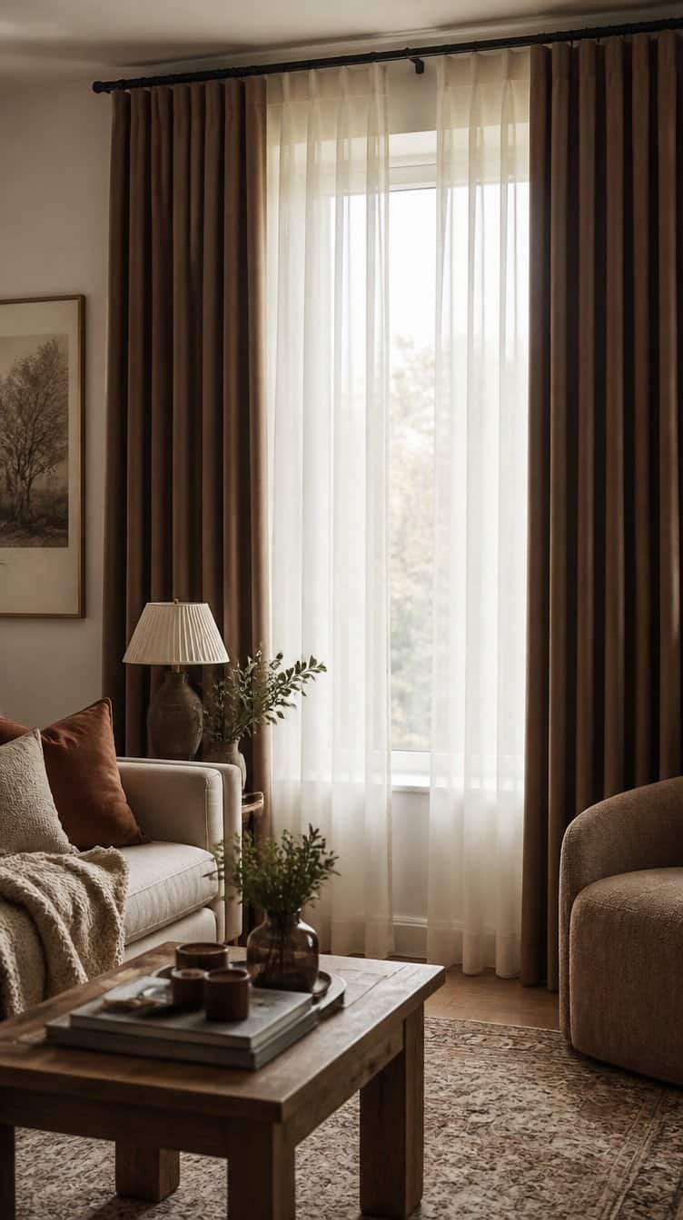 Living room window layered with sheer and blackout curtains