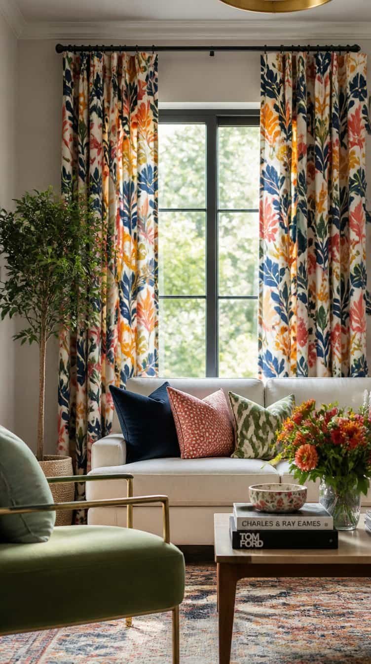 Living room window with bold printed curtains