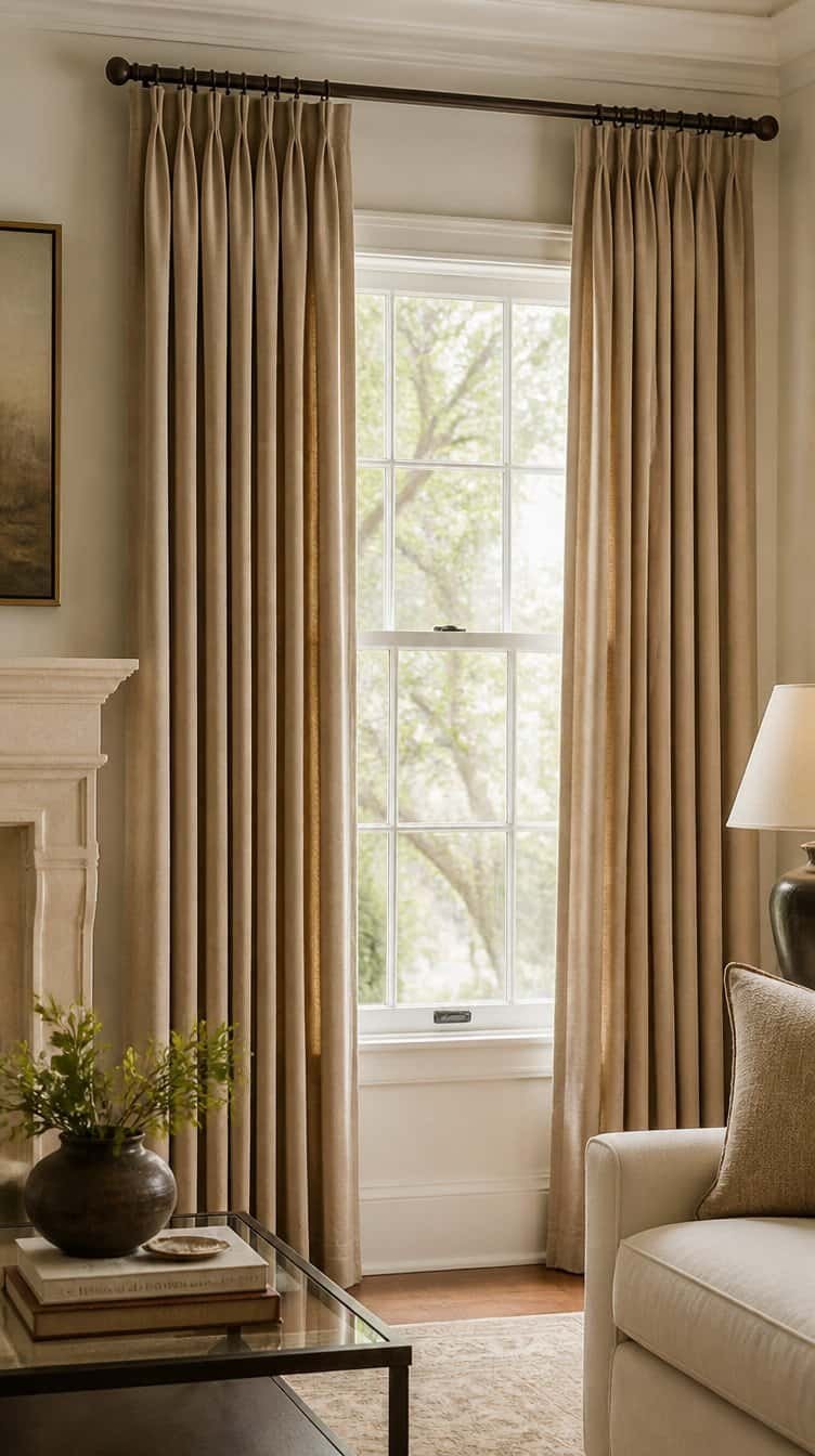 Living room window with elegant pinch pleat drapes