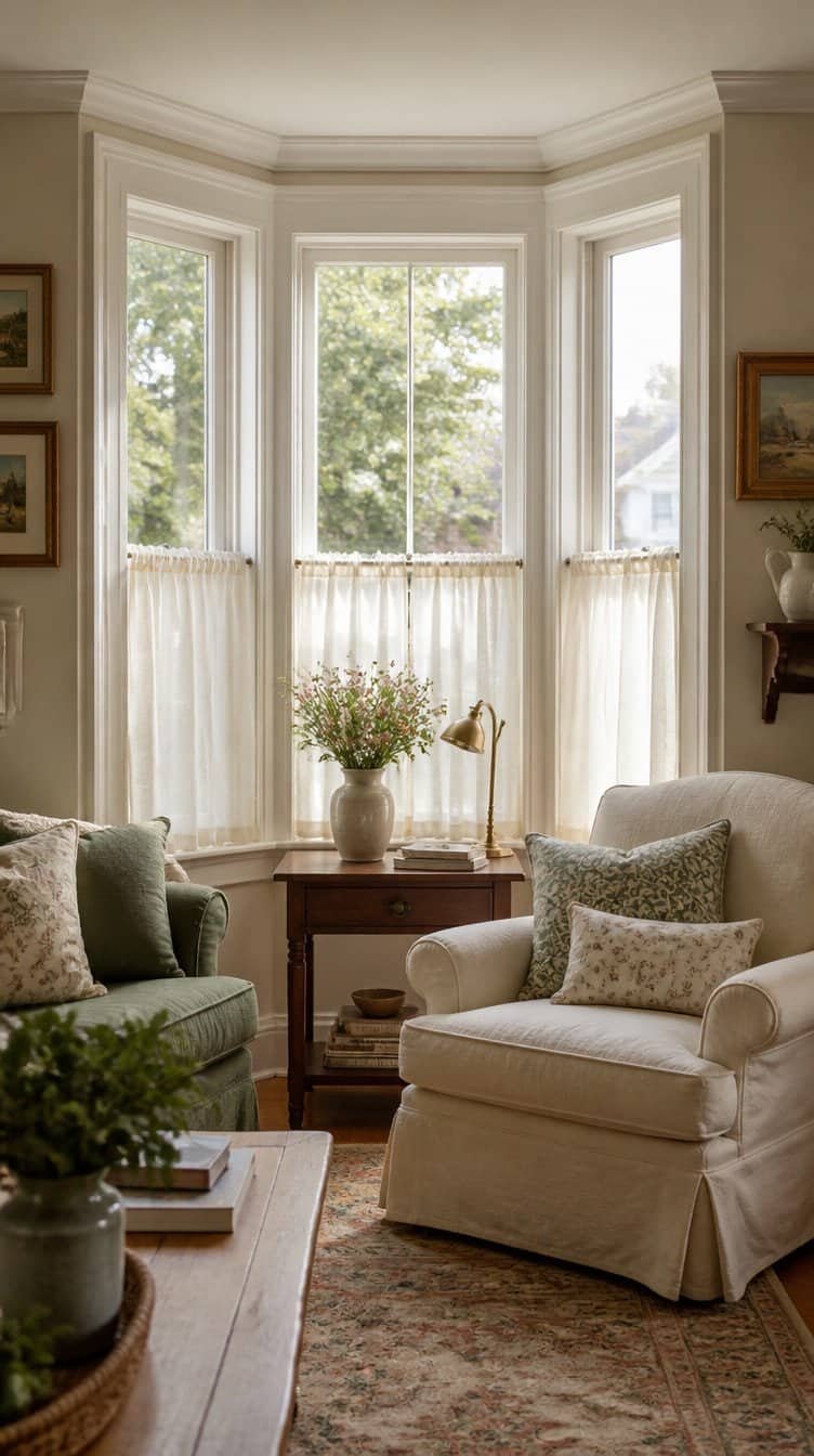 Living room bay window with short cafe style curtains
