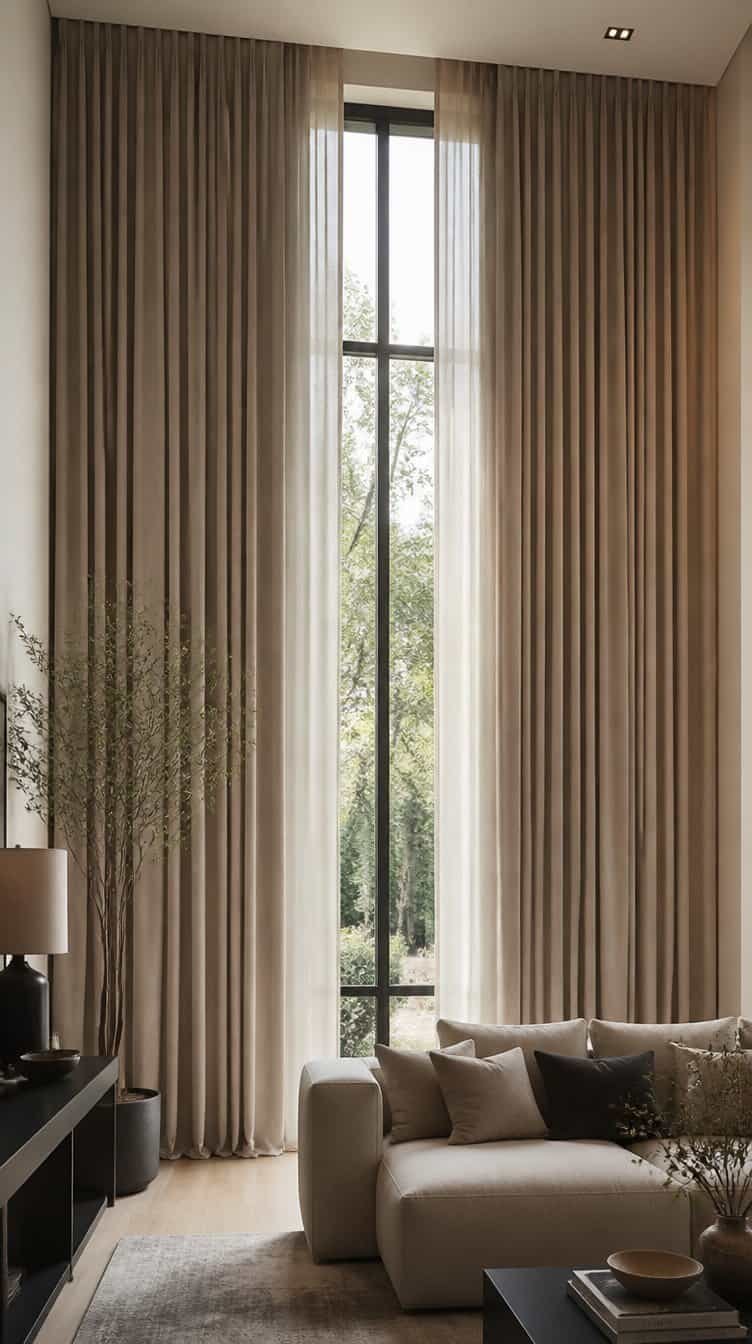 Living room with floor to ceiling curtains mounted on a ceiling track