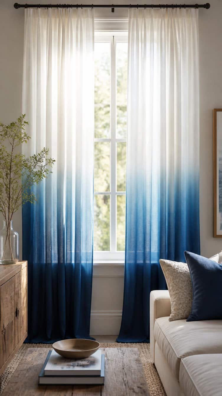 Living room window with ombre dip dyed curtains