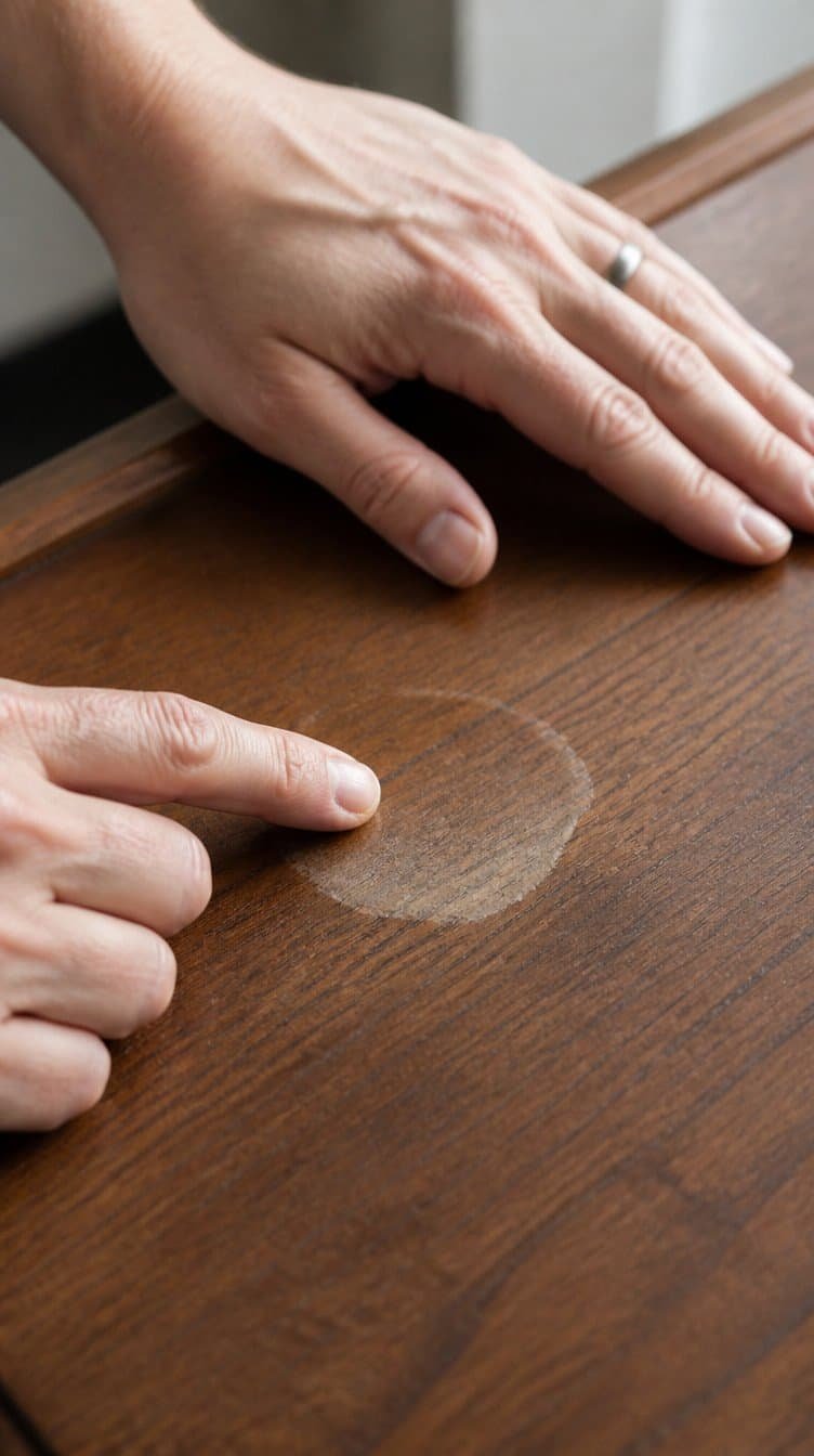 Hands inspecting a water stain on a wood furniture surface