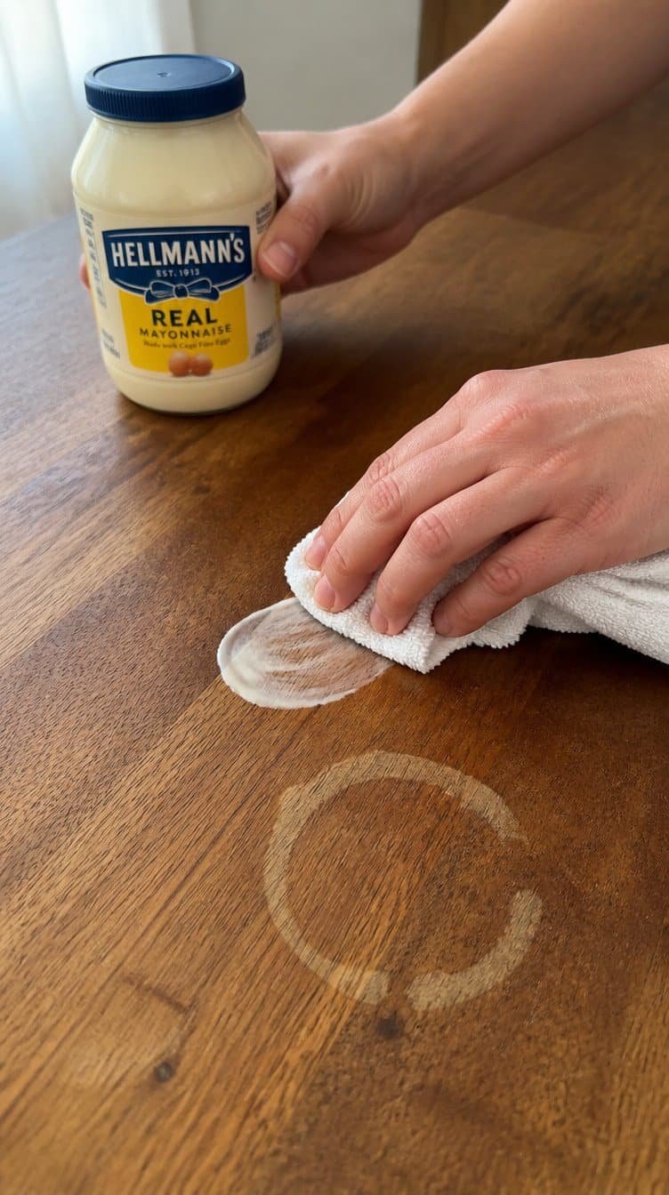 Hands applying mayonnaise with a cloth onto a wood table water stain