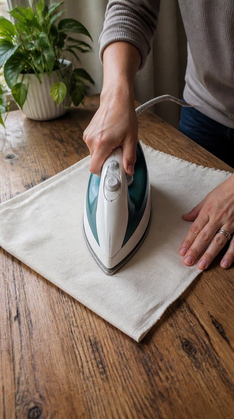 Hands using a warm iron over a cloth on a wood table surface