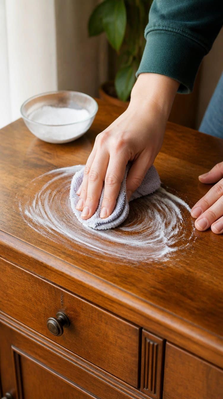 Hands applying a baking soda paste with a cloth onto a wood furniture surface