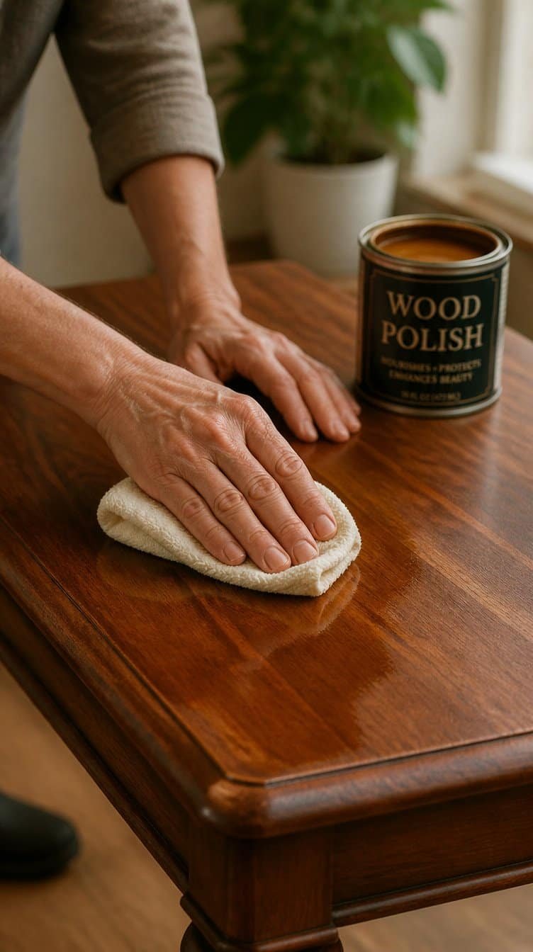 Hands applying wood polish with a cloth to a restored wood table surface