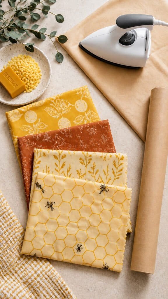 Folded beeswax food wraps styled on a kitchen counter