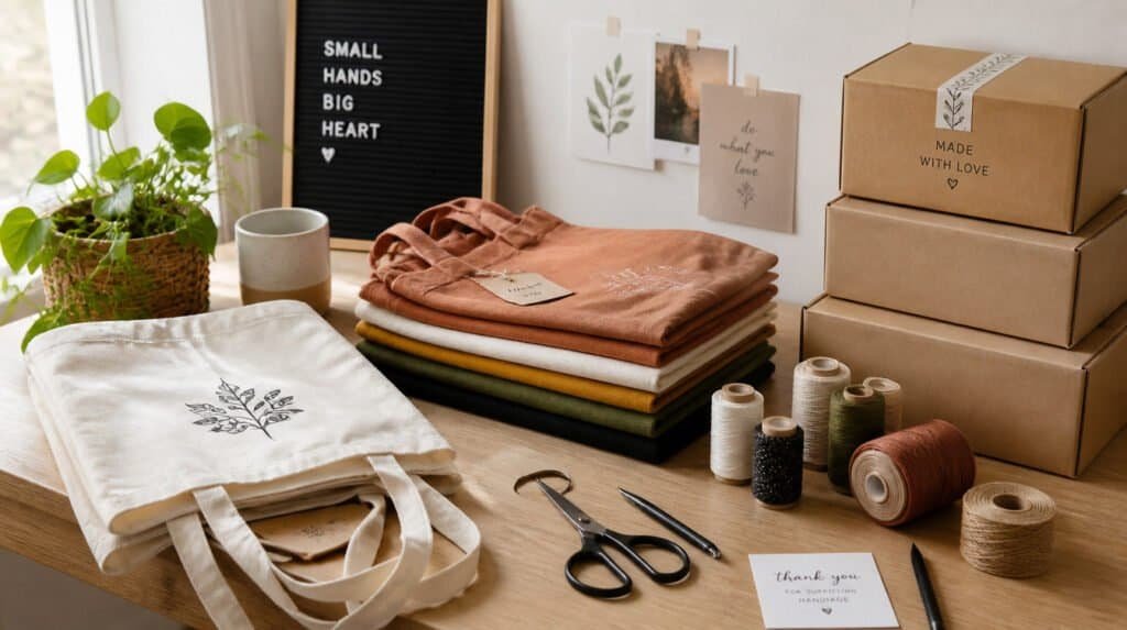 Cozy home craft business workspace with handmade tote bags and shipping boxes