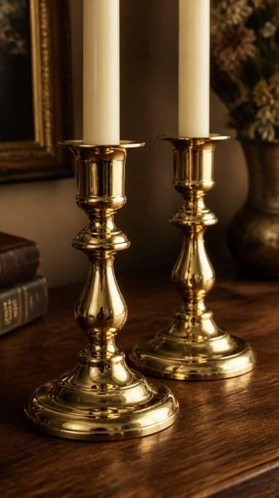 Pair of polished brass candlesticks with taper candles on a wood table