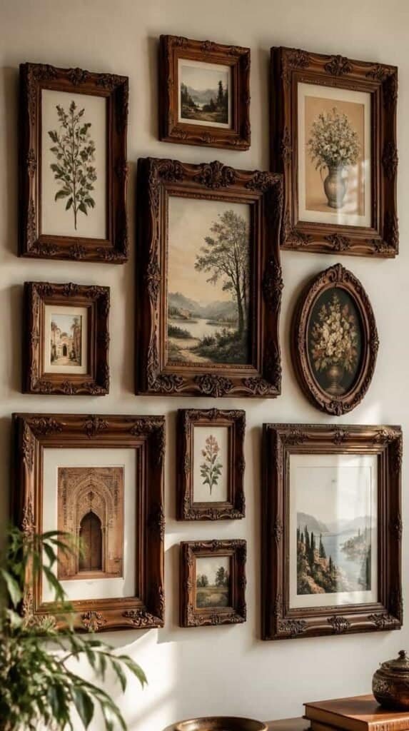 Gallery wall of ornate carved wood picture frames in mismatched sizes
