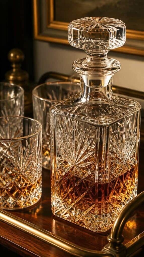 Vintage cut crystal decanter and glasses on a wood bar cart tray