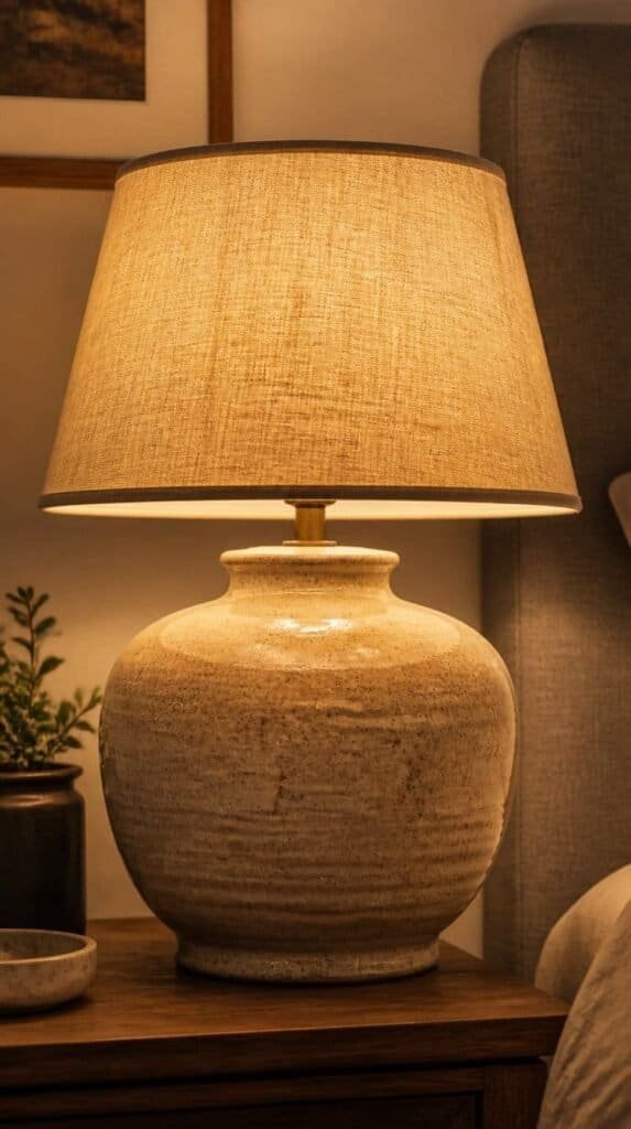 Chunky ceramic table lamp with a linen shade on a nightstand