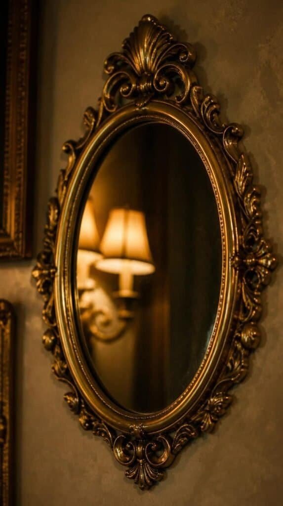 Ornate vintage brass framed mirror mounted on a wall