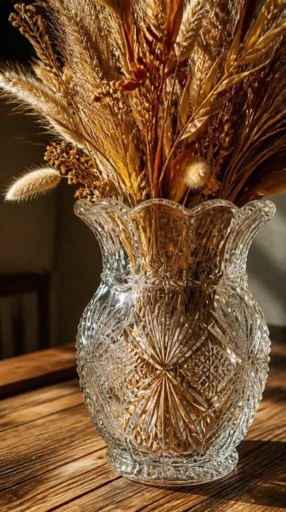 Cut glass pressed vase filled with dried fall grasses on a wood table