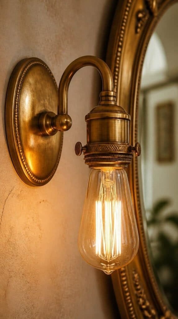 Vintage brass wall sconce with warm glowing bulb mounted beside a mirror