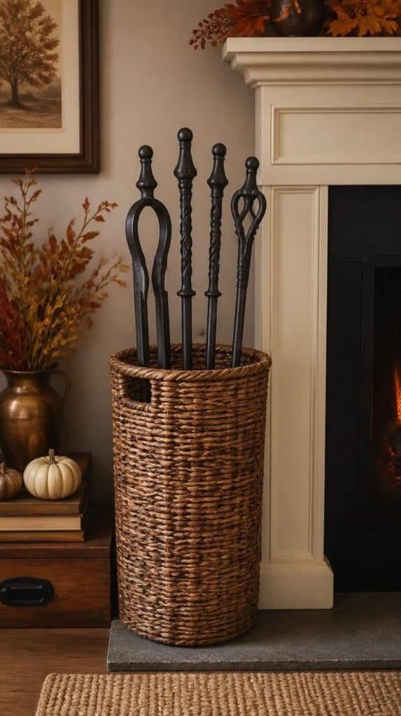 Cast iron fireplace tool set standing in a tall woven basket beside a mantel