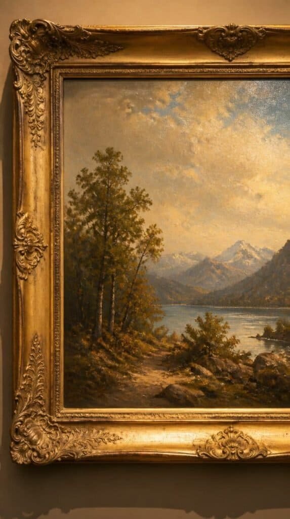 Vintage unsigned landscape oil painting in an ornate gold frame on a wall